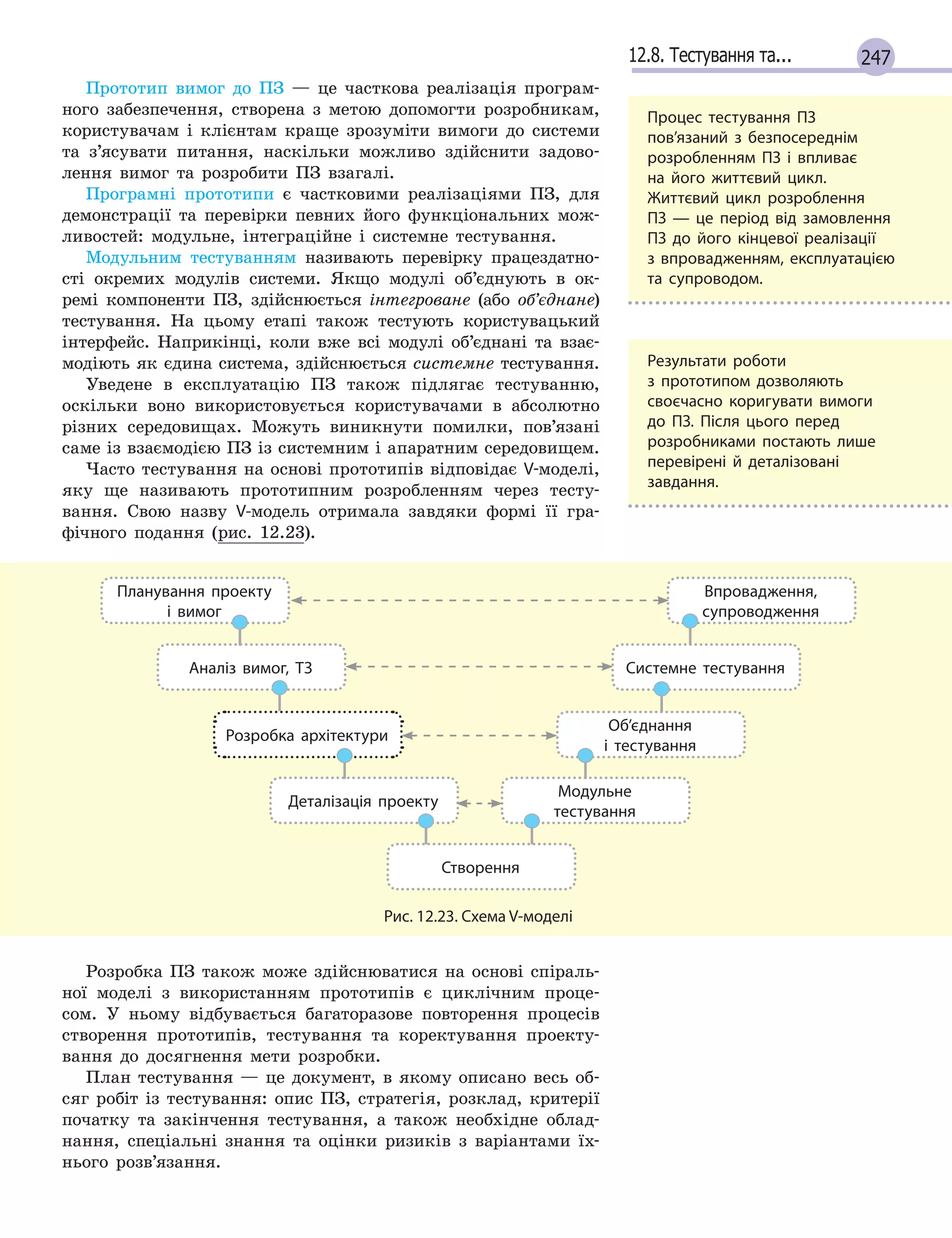 24712.8. Тестування та...
Прототип вимог до ПЗ — це часткова реалізація програм-
ного забезпечення, створена з метою допомогти розробникам,
користувачам і клієнтам краще зрозуміти вимоги до системи
та з’ясувати питання, наскільки можливо здійснити задово-
лення вимог та розробити ПЗ взагалі.
Програмні прототипи є частковими реалізаціями ПЗ, для
демонстрації та перевірки певних його функціональних мож-
ливостей: модульне, інтеграційне і системне тестування.
Модульним тестуванням називають перевірку працездатно-
сті окремих модулів системи. Якщо модулі об’єднують в ок-
ремі компоненти ПЗ, здійснюється інтегроване (або об’єднане)
тестування. На цьому етапі також тестують користувацький
інтерфейс. Наприкінці, коли вже всі модулі об’єднані та взає-
модіють як єдина система, здійснюється системне тестування.
Уведене в експлуатацію ПЗ також підлягає тестуванню,
оскільки воно використовується користувачами в абсолютно
різних середовищах. Можуть виникнути помилки, пов’язані
саме із взаємодією ПЗ із системним і апаратним середовищем.
Часто тестування на основі прототипів відповідає V-моделі,
яку ще називають прототипним розробленням через тесту-
вання. Свою назву V-модель отримала завдяки формі її гра-
фічного подання (рис. 12.23).
Планування проекту
і  вимог
Впровадження,
супроводження
Аналіз вимог, ТЗ Системне тестування
Розробка архітектури
Об’єднання
і тестування
Деталізація проекту
Модульне
тестування
Створення
Рис. 12.23. Схема V-моделі
Розробка ПЗ також може здійснюватися на основі спіраль-
ної моделі з використанням прототипів є циклічним проце-
сом. У ньому відбувається багаторазове повторення процесів
створення прототипів, тестування та коректування проекту-
вання до досягнення мети розробки.
План тестування — це документ, в якому описано весь об-
сяг робіт із тестування: опис ПЗ, стратегія, розклад, критерії
початку та закінчення тестування, а також необхідне облад-
нання, спеціальні знання та оцінки ризиків з варіантами їх-
нього розв’язання.
Процес тестування ПЗ
пов’язаний з  безпосереднім
розроб­ленням ПЗ і  впливає
на його життєвий цикл.
Життєвий цикл розроблення
ПЗ — це  період від замовлення
ПЗ до його кінцевої реалізації
з впровадженням, експлуатацією
та супроводом.
Результати роботи
з  прототипом дозволяють
своєчасно коригувати вимоги
до ПЗ. Після цього перед
розробниками постають лише
перевірені й  деталізовані
завдання.
 