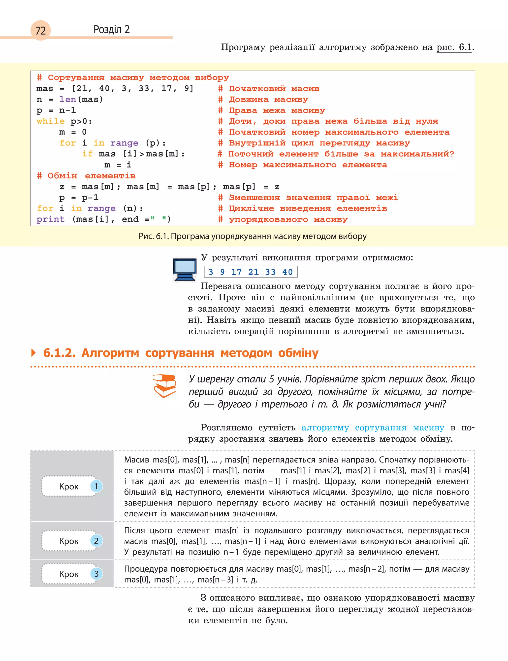 72 Розділ 2
Програму реалізації алгоритму зображено на рис. 6.1.
Рис. 6.1. Програма упорядкування масиву методом вибору
У результаті виконання програми отримаємо:
Перевага описаного методу сортування полягає в його про-
стоті. Проте він є найповільнішим (не враховується те, що
в заданому масиві деякі елементи можуть бути впорядкова-
ні). Навіть якщо певний масив буде повністю впорядкованим,
кількість операцій порівняння в алгоритмі не зменшиться.
` 6.1.2. Алгоритм сортування методом обміну
У шеренгу стали 5 учнів. Порівняйте зріст перших двох. Якщо
перший вищий за другого, поміняйте їх місцями, за потре-
би  — другого і  третього і  т. д. Як розмістяться учні?
Розглянемо сутність алгоритму сортування масиву в по-
рядку зростання значень його елементів методом обміну.
Крок 1
Масив mas[0], mas[1], ... , mas[n] переглядається зліва направо. Спочатку порівнюють-
ся елементи mas[0] і  mas[1], потім  —  mas[1] і  mas[2], mas[2] і  mas[3], mas[3] і  mas[4]
і  так далі аж до елементів mas[n–1] і  mas[n]. Щоразу, коли попередній елемент
більший від наступного, елементи міняються місцями. Зрозуміло, що після повного
завершення першого перегляду всього масиву на останній позиції перебуватиме
елемент із максимальним значенням.
Крок 2
Після цього елемент mas[n] із подальшого розгляду виключається, переглядається
масив mas[0], mas[1], …, mas[n–1] і  над його елементами виконуються аналогічні дії.
У  результаті на позицію n–1 буде переміщено другий за величиною елемент.
Крок 3
Процедура повторюється для масиву mas[0], mas[1], …, mas[n–2], потім — для масиву
mas[0], mas[1], …, mas[n–3] і  т. д.
З описаного випливає, що ознакою упорядкованості масиву
є те, що після завершення його перегляду жодної перестанов-
ки елементів не було.
 