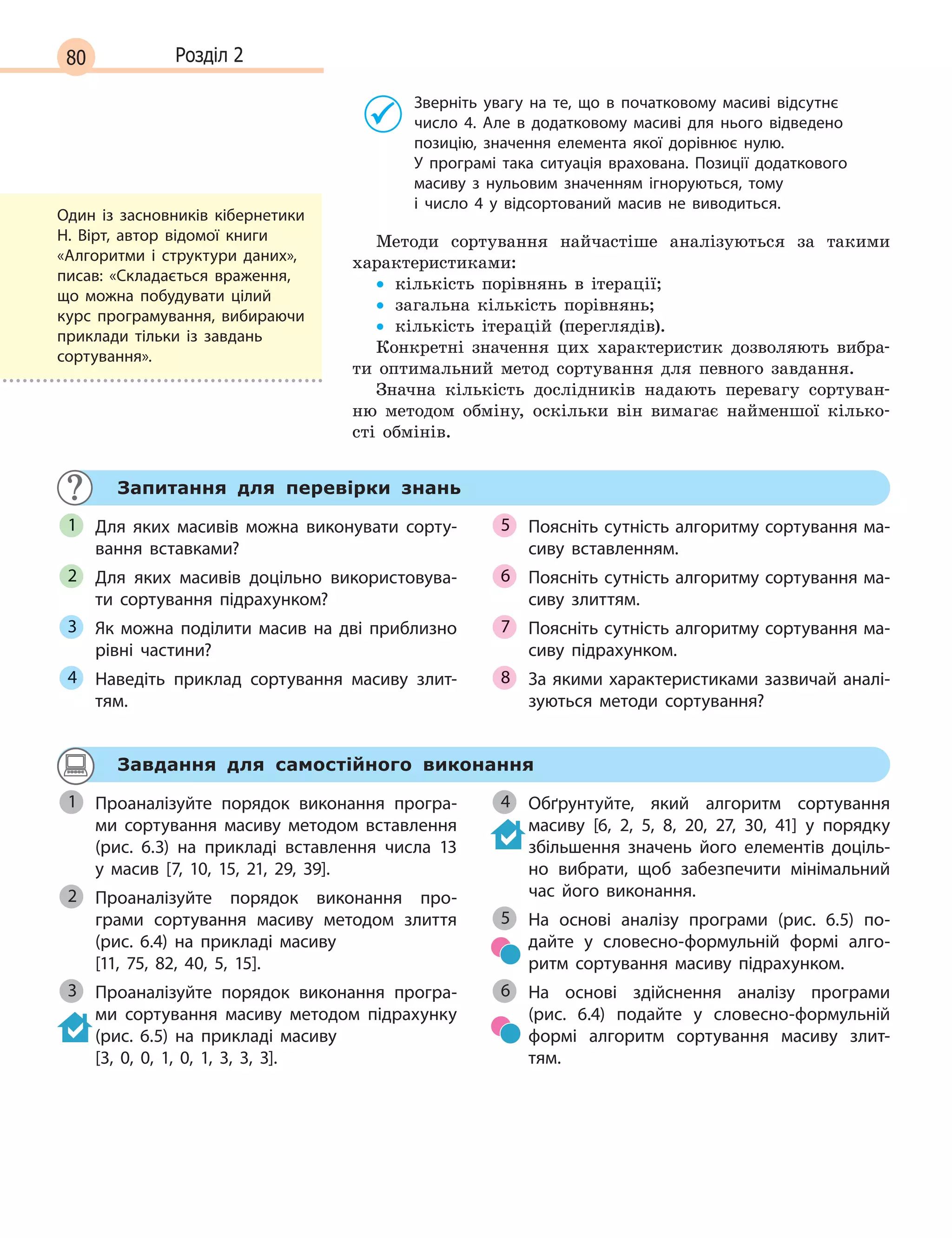 80 Розділ 2
Зверніть увагу на те, що в  початковому масиві відсутнє
число 4. Але в  додатковому масиві для нього відведено
позицію, значення елемента якої дорівнює нулю.
У  програмі така ситуація врахована. Позиції додаткового
масиву з  нульовим значенням ігноруються, тому
і  число  4  у  відсортований масив не виводиться.
Методи сортування найчастіше аналізуються за такими
характеристиками:
• кількість порівнянь в ітерації;
• загальна кількість порівнянь;
• кількість ітерацій (переглядів).
Конкретні значення цих характеристик дозволяють вибра-
ти оптимальний метод сортування для певного завдання.
Значна кількість дослідників надають перевагу сортуван-
ню методом обміну, оскільки він вимагає найменшої кілько-
сті обмінів.
Запитання для перевірки знань
Для яких масивів можна виконувати сорту-
вання вставками?
Для яких масивів доцільно використовува-
ти сортування підрахунком?
Як можна поділити масив на дві приблизно
рівні частини?
Наведіть приклад сортування масиву злит-
тям.
Поясніть сутність алгоритму сортування ма-
сиву вставленням.
Поясніть сутність алгоритму сортування ма-
сиву злиттям.
Поясніть сутність алгоритму сортування ма-
сиву підрахунком.
За якими характеристиками зазвичай аналі-
зуються методи сортування?
1
2
3
4
5
6
7
8
Завдання для самостійного виконання
Проаналізуйте порядок виконання програ-
ми сортування масиву методом вставлення
(рис.  6.3) на прикладі вставлення числа 13
у  масив [7, 10, 15, 21, 29, 39].
Проаналізуйте порядок виконання про-
грами сортування масиву методом злиття
(рис.  6.4) на прикладі масиву
[11, 75, 82, 40, 5, 15].
Проаналізуйте порядок виконання програ-
ми сортування масиву методом підрахунку
(рис.  6.5) на прикладі масиву
[3, 0, 0, 1, 0, 1, 3, 3, 3].
Обґрунтуйте, який алгоритм сортування
масиву [6, 2, 5, 8, 20, 27, 30, 41] у  порядку
збільшення значень його елементів доціль-
но вибрати, щоб забезпечити мінімальний
час його виконання.
На основі аналізу програми (рис.  6.5) по-
дайте у  словесно-формульній формі алго-
ритм сортування масиву підрахунком.
На основі здійснення аналізу програми
(рис.  6.4) подайте у  словесно-формульній
формі алгоритм сортування масиву злит-
тям.
1
2
3
4
5
6
Один із засновників кібернетики
Н. Вірт, автор відомої книги
«Алгоритми і структури даних»,
писав: «Складається враження,
що можна побудувати цілий
курс програмування, вибираючи
приклади тільки із завдань
сортування».
 