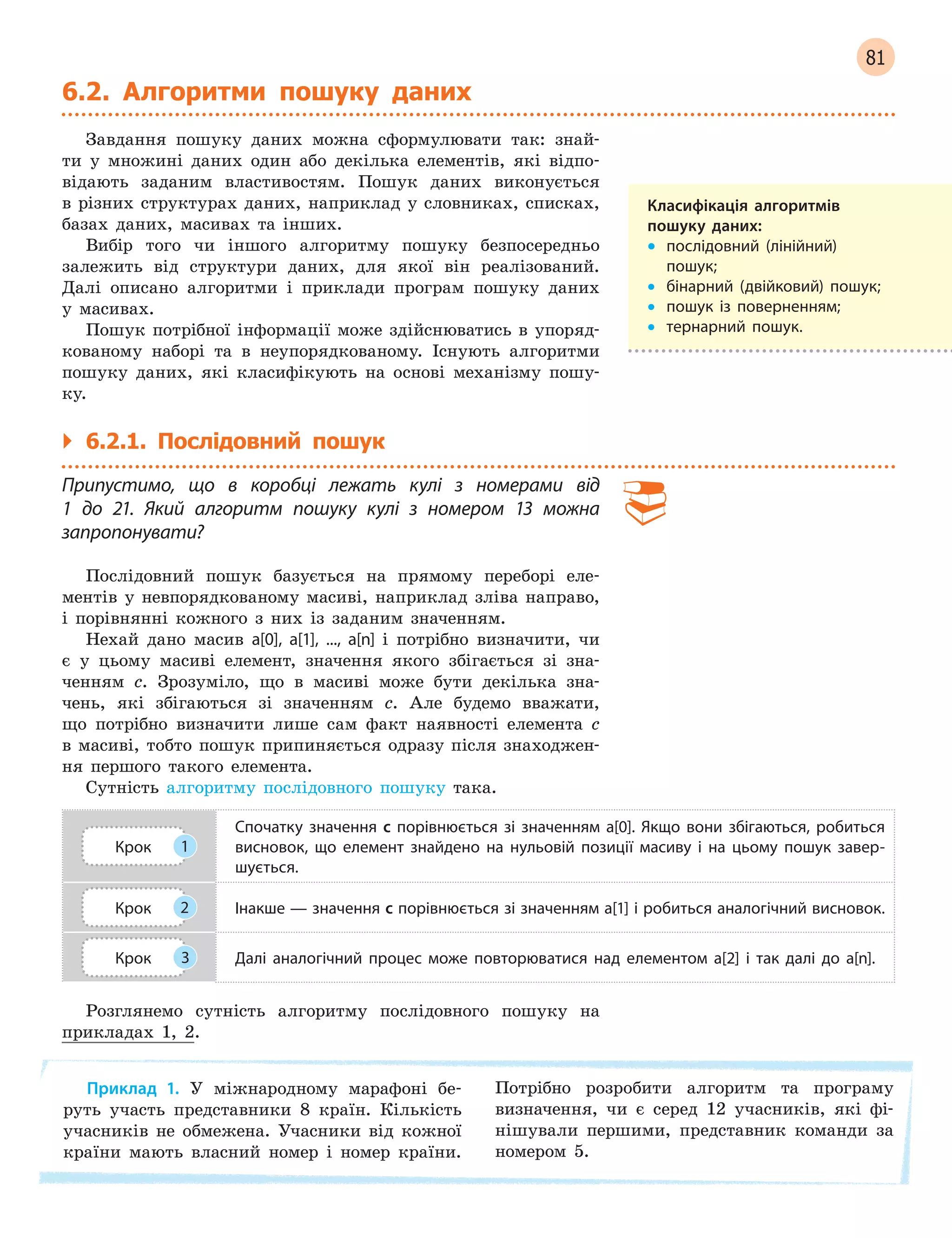 81
6.2. Алгоритми пошуку даних
Завдання пошуку даних можна сформулювати так: знай-
ти у множині даних один або декілька елементів, які відпо-
відають заданим властивостям. Пошук даних виконується
в різних структурах даних, наприклад у словниках, списках,
базах даних, масивах та інших.
Вибір того чи іншого алгоритму пошуку безпосередньо
залежить від структури даних, для якої він реалізований.
Далі описано алгоритми і приклади програм пошуку даних
у масивах.
Пошук потрібної інформації може здійснюватись в упоряд-
кованому наборі та в неупорядкованому. Існують алгоритми
пошуку даних, які класифікують на основі механізму пошу-
ку.
` 6.2.1. Послідовний пошук
Припустимо, що в  коробці лежать кулі з  номерами від
1  до 21. Який алгоритм пошуку кулі з  номером 13 можна
запропонувати?
Послідовний пошук базується на прямому переборі еле-
ментів у невпорядкованому масиві, наприклад зліва направо,
і порівнянні кожного з них із заданим значенням.
Нехай дано масив a[0], a[1], ..., a[n] і потрібно визначити, чи
є у цьому масиві елемент, значення якого збігається зі зна-
ченням с. Зрозуміло, що в масиві може бути декілька зна-
чень, які збігаються зі значенням с. Але будемо вважати,
що потрібно визначити лише сам факт наявності елемента с
в масиві, тобто пошук припиняється одразу після знаходжен-
ня першого такого елемента.
Сутність алгоритму послідовного пошуку така.
Крок 1
Спочатку значення с  порівнюється зі значенням a[0]. Якщо вони збігаються, робиться
висновок, що елемент знайдено на нульовій позиції масиву і  на цьому пошук завер-
шується.
Крок 2 Інакше — значення с порівнюється зі значенням a[1] і робиться аналогічний висновок.
Крок 3 Далі аналогічний процес може повторюватися над елементом a[2] і  так далі до a[n].
Розглянемо сутність алгоритму послідовного пошуку на
прикладах 1, 2.
Приклад 1. У міжнародному марафоні бе-
руть участь представники 8 країн. Кількість
учасників не обмежена. Учасники від кожної
країни мають власний номер і номер країни.
Потрібно розробити алгоритм та програму
визначення, чи є серед 12 учасників, які фі-
нішували першими, представник команди за
номером 5.
Класифікація алгоритмів
пошуку даних:
• послідовний (лінійний)
пошук;
• бінарний (двійковий) пошук;
• пошук із поверненням;
• тернарний пошук.
 