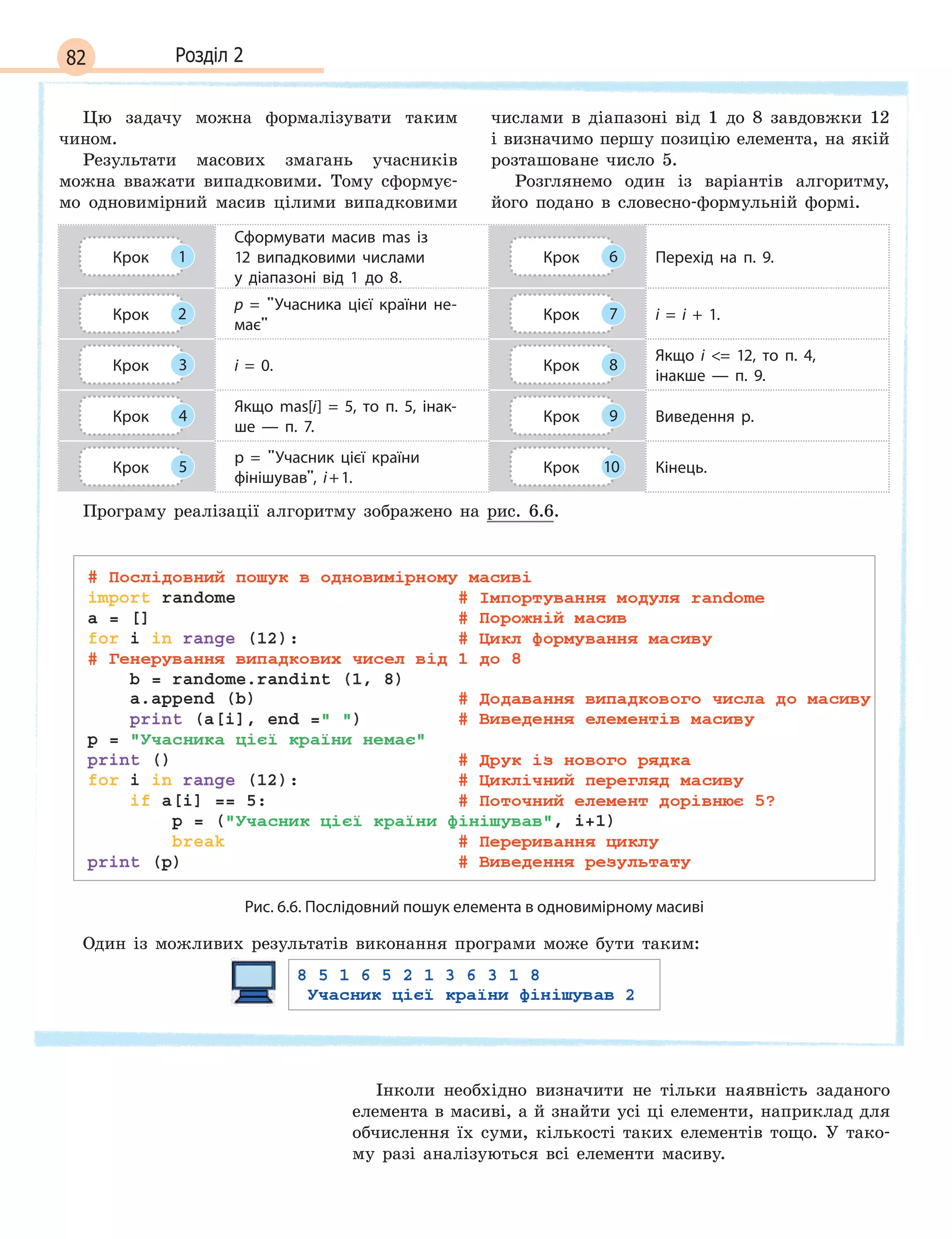 82 Розділ 2
Цю задачу можна формалізувати таким
чином.
Результати масових змагань учасників
можна вважати випадковими. Тому сформує-
мо одновимірний масив цілими випадковими
числами в діапазоні від 1 до 8 завдовжки 12
і визначимо першу позицію елемента, на якій
розташоване число 5.
Розглянемо один із варіантів алгоритму,
його подано в словесно-формульній формі.
Крок 1
Сформувати масив mas із
12 випадковими числами
у  діапазоні від 1  до 8.
Крок 6 Перехід на п. 9.
Крок 2
p =  Учасника цієї країни не-
має
Крок 7 i = i + 1.
Крок 3 i = 0. Крок 8
Якщо i  = 12, то п. 4,
інакше  —  п. 9.
Крок 4
Якщо mas[i] =  5, то п. 5, інак-
ше  —  п. 7.
Крок 9 Виведення p.
Крок 5
p =  Учасник цієї країни
фінішував, i+1.
Крок 10 Кінець.
Програму реалізації алгоритму зображено на рис. 6.6.
Рис. 6.6. Послідовний пошук елемента в одновимірному масиві
Один із можливих результатів виконання програми може бути таким:
Інколи необхідно визначити не тільки наявність заданого
елемента в масиві, а й знайти усі ці елементи, наприклад для
обчислення їх суми, кількості таких елементів тощо. У тако-
му разі аналізуються всі елементи масиву.
 