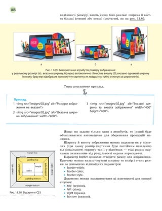 188
виділеного розміру, навіть якщо його реальні ширина й висо-
та більші (стисне) або менші (розтягне), як на рис. 11.69.
а б в
Рис. 11.69. Використання атрибутів розміру зображення:
у реальному розмірі (а); вказано ширину, браузер автоматично обчислив висоту (б); вказано однакові ширину
і висоту, браузер відобразив прямокутну картинку як квадратну, тобто стиснув за шириною (в)
Тепер розглянемо приклад.
Приклад.
1 img src=images/02.jpg alt=Розміри зобра-
ження не вказані
2 img src=images/02.jpg alt=Вказана шири-
на зображення width=400
3 img src=images/02.jpg alt=Вказані ши-
рина та висота зображення width=400
height=400
Якщо ми задамо тільки один з атрибутів, то інший буде
обчислюватися автоматично для збереження пропорцій ма-
люнка.
Ширину й висоту зображення можна задавати як у піксе-
лях (при цьому розмір картинки буде постійним незалежно
від роздільності екрану), так і у відсотках — тоді розмір кар-
тинки залежатиме від роздільності екрана користувача.
Параметр border дозволяє створити рамку для зображення.
Причому можна налаштовувати ширину та колір і стиль рам-
ки за допомогою відповідних параметрів:
• border-width;
• border-color;
• border-style.
Додатково можна налаштовувати ці властивості для кожної
сторони:
• top (верхня),
• left (ліва),
• right (права),
• bottom (нижня).
Рис. 11.70. Відступи в CSS
 