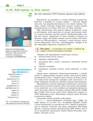206 Розділ 3
11.18. Веб-сервер та бази даних
Що таке протокол HTTP? Опишіть принцип його роботи.
Пригадаємо, що розробка зі сторони браузера називається
front-end, а розробка на стороні сервера — back-end. Наразі
мова піде про розробку функціоналу на стороні сервера. Сер-
верну сторону веб-сайта найчастіше пишуть такими мовами
програмування, як Python, PHP, Java, C#, Ruby, JavaScript.
Щоб завантажити веб-сторінку, браузер відправляє запит
до веб-сервера, який приступає до пошуку запитуваного фай-
ла у своєму власному просторі пам’яті. Знайшовши файл, сер-
вер його зчитує, опрацьовує як йому потрібно й повертає до
браузера. Отже, веб-сервер повинен містити файли веб-сайта,
а саме всі HTML-документи і пов’язані з ними ресурси, вклю-
чаючи зображення, CSS-стилі, JavaScript-файли, шрифти й ві-
део. Веб-сервер забезпечує підтримку HTTP.
Веб-сервер — це програма, яка створює і повертає від-
повіді на запити веб-pecypcів клієнтами.
Порядок дій опрацювання клієнтського запиту:
1)	 синтаксичний аналіз запиту;
2)	 перевірка повноважень;
3)	зв'язування URL у запиті з ресурсом у файловій системі
сервера;
4)	 побудова відповіді;
5)	 повернення відповіді клієнту, який звернувся із запи-
том.
Сервер може генерувати повідомлення-відповідь у різний
спосіб. У найпростішому випадку сервер лише витягує файл,
асоційований із URL, і повертає вміст клієнту. В інших випад-
ках сервер може викликати сценарій, який зв’язується з ін-
шими серверами або БД для побудови повідомлення-відповіді.
Моніторингові компанії приводять порівняльну статистику,
зіставляючи кількість наявних сайтів для різних веб-серверів.
І слід зазначити, що у всіх подібних дослідженнях фігурують
лише три назви: Apache, IIS (сервер компанії Microsoft) і NGINX
(рис. 11.85). Саме на цих трьох китах тримається основна ча-
стина мережевого світу. Безумовним лідером понад 20 років
залишається Apache.
Розглянемо найпопулярніші веб-сервери.
Apache — кросплатформний веб-сервер (рис. 11.86), він
добре працює як на Unix-, так і на Windows-серверах. Сервер
і клієнт взаємодіють за протоколом HTTP, і Apache відповідаль-
ний за безпечне з’єднання між двома машинами. Веб-сервер
працює з різними мовами програмування (PHP, Python, Perl та
ін.) за допомогою спеціального модуля Apache (mod_php, mod_
python, mod_perl та ін.).
Рис. 11.85. Рейтинг популярності
веб-серверів (станом на 2018 рік)
Перший у світі веб-сервер,
робоча станція NeXT Computer
з Ethernet, 1990. На етикетці
написано: «Ця машина
є сервером. НЕ ВИМИКАТИ!!»
 