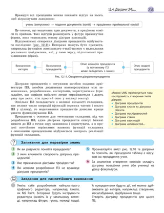 23512.4. Діаграми UML...
Праворуч від прецедента можна показати відгук на нього,
щоб візуалізувати ланцюжок:
учень (випускник) → подання документів (копій) → працівники приймальної комісії
Це означає, що випускник здав документи, а працівник комі-
сії їх прийняв. Такі відгуки розміщують у фігурі прямокутної
форми, вони становлять основу діаграм взаємодій.
Підсумовуємо: створення діаграми прецедентів відбуваєть-
ся послідовно (рис. 12.11). Екторами можуть бути предмети,
наприклад функцією зовнішнього e-mail-шлюзу є надсилання
рекламних повідомлень, які, у свою чергу, підготовлені пра-
цівниками фірми).
Визначення
екторів
Визначення
прецедентів
Опис кожного прецедента
(у  потужному ПЗ
може складатись з  інших)
Опис моделі
прецедентів
Рис. 12.11. Створення діаграми прецедентів
Діаграми прецедентів є потужним засобом подання архі-
тектури ПЗ, засобом досягнення взаєморозуміння між за-
мовниками, розробниками, експертами, користувачами (при-
гадайте, що комікси набагато легше сприймаються і дають
уяву про зміст, ніж простий опис у вигляді тексту).
Оскільки ПЗ складаються з великої кількості складових,
має велике число операцій (функцій окремих частин і всього
ПЗ у цілому), то моделювання прецедентів дозволяє краще
уявити функціонування ПЗ.
Прецеденти є основою для тестування складових під час
розроблення ПЗ, адже діаграма прецедентів описує бажані
вимоги до ПЗ з точки зору замовника і користувача, а в про-
цесі постійного порівняння наявних функцій складових
з описаними прецедентами відбувається контроль реалізації
функцій складових.
Запитання для перевірки знань
Як ви розумієте поняття прецедента?
З яких елементів створюють діаграму пре-
цедентів?
Яке призначення діаграми прецедентів?
Які аспекти розроблення ПЗ не враховує
діаграма прецедентів?
Проаналізуйте вміст рис. 12.10 та діаграми
та поясніть, які прецеденти таблиці є  відгу-
ком на прецеденти учня.
За аналогією створення коміксів складіть
діаграму поведінки учня або учениці на
уроці фізкультури.
1
2
3
4
5
6
Завдання для самостійного виконання
Уявіть себе розробником найпростішого
графічного редактора, наприклад такого,
як MS Paint. Екторами будуть інструменти
редактора (назвіть їх у  загальному вигля-
ді, наприклад фігури, гумка, ножиці тощо).
А  прецедентами  будуть дії, які можна здій-
снювати до екторів, наприклад створення,
масштабування, фарбування тощо.
Створіть діаграму прецедентів для цього
ПЗ.
Мовою UML пропонується така
послідовність створення типів
діаграм:
• Діаграма прецедентів
• Діаграма класів та діаграма
об’єктів
• Діаграма послідовностей
• Діаграма станів
• Діаграма взаємодій
• Діаграма активностей...
 