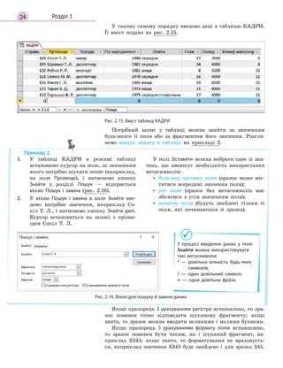24 Розділ 1
У такому самому порядку введемо дані в таблицю КАДРИ.
Її вміст подано на рис. 2.15.
Рис. 2.15. Вміст таблиці КАДРИ
Потрібний запис у таблиці можна знайти за значенням
будь-якого її поля або за фрагментом його значення. Розгля-
немо пошук запису в таблиці на прикладі 2.
Приклад 2.
1. У таблиці КАДРИ в режимі таблиці
встановимо курсор на поле, за значенням
якого потрібно шукати запис (наприклад,
на поле Прізвище), і натиснемо кнопку
Знайти у розділі Пошук — відкриється
вікно Пошук і  заміна (рис. 2.16).
2. У вікно Пошук і  заміна в поле Знайти вве-
демо потрібне значення, наприклад Со-
кіл Т. Л., і натиснемо кнопку Знайти далі.
Курсор встановиться на записі з прізви-
щем Сокіл Т. Л.
У полі Зіставити можна вибрати одне зі зна-
чень, що зменшує необхідність використання
метасимволів:
• будь-яку частину поля (зразок може міс-
титися всередині значення поля);
• усе поле (зразок без метасимволів має
збігатися з усім значенням поля);
• початок поля (будуть знайдені тільки ті
поля, які починаються зі зразка).
Рис. 2.16. Вікно для пошуку й заміни даних
У процесі введення даних у  поле
Знайти можна використовувати
такі метасимволи:
*  — довільна кількість будь­яких
символів;
?  — один довільний символ;
≠  — одна довільна фраза.
Якщо прапорець З урахуванням регістра встановлено, то зра-
зок повинен точно відповідати шуканому фрагменту; якщо
знято, то зразок можна вводити великими і малими буквами.
Якщо прапорець З  урахуванням формату полів встановлено,
то зразок повинен бути таким, як і шуканий фрагмент, на-
приклад $345; якщо знято, то форматування не враховуєть-
ся, наприклад значення $345 буде знайдено і для зразка 345.
 