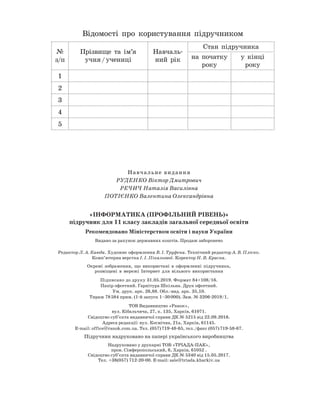Навчальне видання
Руденко Віктор
Д
митрович
РЕЧИЧ
Н
аталія Василівна
ПОТІЄНКО Валентина
О
лександрівна
«Інформатика (профільний рівень)»
підручник для 11 класу закладів загальної середньої освіти
Р
екомендовано
М
іністерством освіти і науки України
Видано за рахунок державних коштів. Продаж заборонено
Редактор Л. А.
К
аюда. Художнє оформлення В. І. Труфена. Технічний редактор А. В. Пліско.
Комп’ютерна верстка І. І. Пікальової. Коректор
Н
. В.
К
расна.
Окремі зображення, що використані в оформленні підручника,
розміщені в мережі Інтернет для вільного використання
Підписано до друку 31.05.2019. Формат 84×108/16.
Папір офсетний. Гарнітура Шкільна. Друк офсетний.
Ум. друк. арк. 26,88. Обл.-вид. арк. 35,10.
Тираж 78 584 прим. (1-й запуск 1–30 000). Зам. № 3206-2019/1.
ТОВ Видавництво «Ранок»,
вул. Кібальчича, 27, к. 135, Харків, 61071.
Свідоцтво суб’єкта видавничої справи ДК № 5215 від 22.09.2016.
Адреса редакції: вул. Космічна, 21а, Харків, 61145.
E-mail: office@ranok.com.ua. Тел. (057) 719-48-65, тел./факс (057) 719-58-67.
Підручник надруковано на папері українського виробництва
Надруковано у друкарні ТОВ «ТРІАДА-ПАК»,
пров. Сімферопольський, 6, Харків, 61052 .
Свідоцтво суб’єкта видавничої справи ДК № 5340 від 15.05.2017.
Тел. +38(057) 712-20-00. Е-mail: sale@triada.kharkiv.ua
Відомості про користування підручником
№
з/п
Прізвище та ім’я
учня / учениці
Навчаль-
ний рік
Стан підручника
на початку
року
у кінці
року
1
2
3
4
5
 