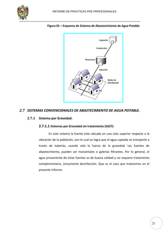 21
INFORME DE PRACTICAS PRE PROFESIONALES
Figura 01 – Esquema de Sistema de Abastecimiento de Agua Potable
2.7 SISTEMAS CONVENCIONALES DE ABASTECIMIENTO DE AGUA POTABLE.
2.7.1 Sistema por Gravedad.
2.7.1.1 Sistemas por Gravedad sin tratamiento (SGST)
En este sistema la fuente está ubicada en una cota superior respecto a la
ubicación de la población, con lo cual se logra que el agua captada se transporte a
través de tuberías, usando solo la fuerza de la gravedad. Las fuentes de
abastecimiento, pueden ser manantiales o galerías filtrantes. Por lo general, el
agua proveniente de estas fuentes es de buena calidad y no requiere tratamiento
complementario, únicamente desinfección. Que es el caso que trataremos en el
presente informe.
 