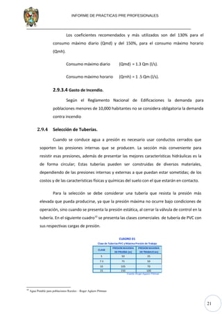 21
INFORME DE PRACTICAS PRE PROFESIONALES
Los coeficientes recomendados y más utilizados son del 130% para el
consumo máximo diario (Qmd) y del 150%, para el consumo máximo horario
(Qmh).
Consumo máximo diario (Qmd) = 1.3 Qm (l/s).
Consumo máximo horario (Qrnh) = 1 .5 Qm (l/s).
2.9.3.4 Gasto de Incendio.
Según el Reglamento Nacional de Edificaciones la demanda para
poblaciones menores de 10,000 habitantes no se considera obligatoria la demanda
contra incendio
2.9.4 Selección de Tuberías.
Cuando se conduce agua a presión es necesario usar conductos cerrados que
soporten las presiones internas que se producen. La sección más conveniente para
resistir esas presiones, además de presentar las mejores características hidráulicas es la
de forma circular; Estas tuberías pueden ser construidas de diversos materiales,
dependiendo de las presiones internas y externas a que puedan estar sometidas; de los
costos y de las características físicas y químicas del suelo con el que estarán en contacto.
Para la selección se debe considerar una tubería que resista la presión más
elevada que pueda producirse, ya que la presión máxima no ocurre bajo condiciones de
operación, sino cuando se presenta la presión estática, al cerrar la válvula de control en la
tubería. En el siguiente cuadro10
se presenta las clases comerciales de tubería de PVC con
sus respectivas cargas de presión.
CLASE
PRESION MAXIMA
DE PRUEBA (m)
PRESION MAXIMA
DE TRABAJO (m)
5 50 35
7.5 75 50
10 105 70
15 150 100
Fuente: Roger Aguero Pittman
Clase de TuberíasPVC y MáximaPresión de Trabajo
CUADRO 01
10
Agua Potable para poblaciones Rurales – Roger Agüero Pittman
 