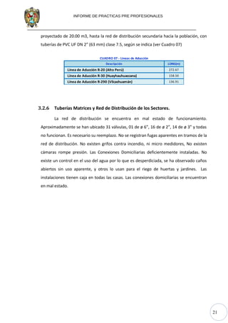 21
INFORME DE PRACTICAS PRE PROFESIONALES
proyectado de 20.00 m3, hasta la red de distribución secundaria hacia la población, con
tuberías de PVC UF DN 2” (63 mm) clase 7.5, según se indica (ver Cuadro 07)
Descripción LONG(m)
Línea de Aducción R-20 (Alto Perú) 272.67
Línea de Aducción R-30 (Huayhauhuaccana) 158.50
Línea de Aducción R-290 (Vilcashuamán) 136.91
CUADRO 07 - Lineas de Aducción
3.2.6 Tuberías Matrices y Red de Distribución de los Sectores.
La red de distribución se encuentra en mal estado de funcionamiento.
Aproximadamente se han ubicado 31 válvulas, 01 de ø 6”, 16 de ø 2”, 14 de ø 3” y todas
no funcionan. Es necesario su reemplazo. No se registran fugas aparentes en tramos de la
red de distribución. No existen grifos contra incendio, ni micro medidores, No existen
cámaras rompe presión. Las Conexiones Domiciliarias deficientemente instaladas. No
existe un control en el uso del agua por lo que es desperdiciada, se ha observado caños
abiertos sin uso aparente, y otros lo usan para el riego de huertas y jardines. Las
instalaciones tienen caja en todas las casas. Las conexiones domiciliarias se encuentran
en mal estado.
 