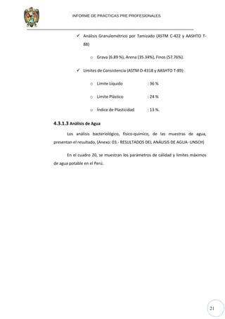 21
INFORME DE PRACTICAS PRE PROFESIONALES
 Análisis Granulométrico por Tamizado (ASTM C-422 y AASHTO T-
88)
o Grava (6.89 %), Arena (35.34%), Finos (57.76%).
 Límites de Consistencia (ASTM D-4318 y AASHTO T-89):
o Límite Líquido : 36 %
o Límite Plástico : 24 %
o Índice de Plasticidad : 13 %.
4.3.1.3 Análisis de Agua
Los análisis bacteriológico, físico-químico, de las muestras de agua,
presentan el resultado, (Anexo: 03.- RESULTADOS DEL ANÁLISIS DE AGUA- UNSCH)
En el cuadro 20, se muestran los parámetros de calidad y límites máximos
de agua potable en el Perú.
 