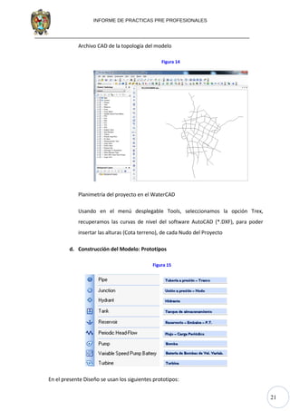 21
INFORME DE PRACTICAS PRE PROFESIONALES
Archivo CAD de la topología del modelo
Figura 14
Planimetría del proyecto en el WaterCAD
Usando en el menú desplegable Tools, seleccionamos la opción Trex,
recuperamos las curvas de nivel del software AutoCAD (*.DXF), para poder
insertar las alturas (Cota terreno), de cada Nudo del Proyecto
d. Construcción del Modelo: Prototipos
Figura 15
En el presente Diseño se usan los siguientes prototipos:
 