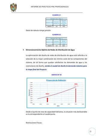 21
INFORME DE PRACTICAS PRE PROFESIONALES
CUADRO 21
Elevation (m)
Diameter
(Valve) (in)
Pressure
Setting
(Initial) (m
H2O)
3568.96 3.0 10.0
D A T O S D E L P R V - 1
Datos de válvula rompe presión:
CUADRO 22
Elevation (m)
Diameter
(Valve) (in)
Pressure
Setting
(Initial) (m
H2O)
3568.96 3.0 40.0
D A T O S D E L P B V - 1
f. Dimensionamiento Optimo de Redes de Distribución de Agua
La optimización del diseño de redes de distribución de agua está referida a la
selección de la mejor combinación de mínimo costo de los componentes del
sistema, de tal forma que quedan satisfechas las demandas de agua y las
restricciones de diseño, siendo el caudal de diseño la demanda máxima para
la etapa final del Proyecto
GRAFICO N° 04
Desde el punto de vista de capacidad hidráulica, la situación más desfavorable
es la correspondiente al caudal punta.
Restricciones Físicas:
INICIO
FINAL
 