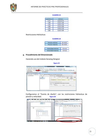 21
INFORME DE PRACTICAS PRE PROFESIONALES
CUADRO 23
DIAMETRO (in)
0.75
1.00
1.50
2.00
2.50
3.00
Costo 2.50
Costo 3.00
COSTO (S/.)
Costo 0.75
Costo 1.00
Costo 1.50
Costo 2.00
Restricciones Hidráulicas:
CUADRO 24
10 mH2O
50 mH2O
Presion mínima
Presion máxima
0.6 m/s
3.0 m/sVelocidad máxima
Velocidad mínima
g. Procedimiento del Dimensionado
Haciendo uso del módulo Darwing Designer
Figura 19
Configuramos el “Evento de diseño”, con las restricciones hidráulicas de
presión y velocidad; Figura 20
 