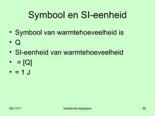 Symbool en SI-eenheid Symbool van warmtehoeveelheid is Q SI-eenheid van warmtehoeveelheid = [Q]  = 1 J 
