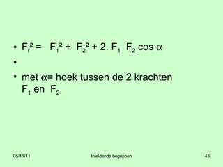 F r ² =  F 1 ² +  F 2 ² + 2. F 1   F 2  cos   met   = hoek tussen de 2 krachten  F 1  en  F 2 