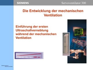 Servoventilator 300
Einführung der ersten
Ultraschallverneblung
während der mechanischen
Ventilation
1950´s-60´s 1970´s 1980´s 1995 2000
Die Entwicklung der mechanischen
Ventilation
 