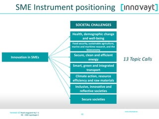 1212
SME Instrument positioning
Health, demographic change
and well-being
Food security, sustainable agriculture,
marine and maritime research, and the
bioeconomy
Secure, clean and efficient
energy
Smart, green and integrated
transport
Climate action, resource
efficiency and raw materials
SOCIETAL CHALLENGES
Innovation in SMEs
Inclusive, innovative and
reflective societies
Secure societies
13 Topic Calls
 