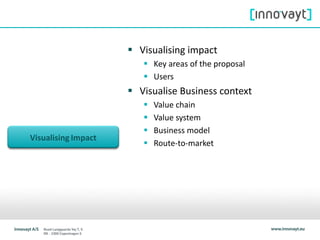 Visualising Impact
 Visualising impact
 Key areas of the proposal
 Users
 Visualise Business context
 Value chain
 Value system
 Business model
 Route-to-market
 