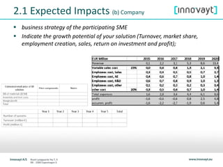  business strategy of the participating SME
 Indicate the growth potential of your solution (Turnover, market share,
employment creation, sales, return on investment and profit);
2.1 Expected Impacts (b) Company
 