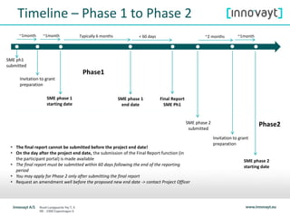 Timeline – Phase 1 to Phase 2
• The final report cannot be submitted before the project end date!
• On the day after the project end date, the submission of the Final Report function (in
the participant portal) is made available
• The final report must be submitted within 60 days following the end of the reporting
period
• You may apply for Phase 2 only after submitting the final report
• Request an amendment well before the proposed new end date -> contact Project Officer
SME ph1
submitted
Invitation to grant
preparation
SME phase 1
starting date
~1month ~1month Typically 6 months
SME phase 1
end date
SME phase 2
starting date
< 60 days
Final Report
SME Ph1
SME phase 2
submitted
~2 months ~1month
Phase1
Phase2
Invitation to grant
preparation
 