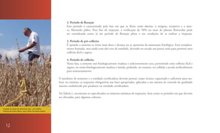 2. Período de floração
                                                                     Este período é caracterizado pela fase em que as flores estão abertas, o estigma, receptivo e a ante-
                                                                     ra, liberando pólen. Para fins de inspeção, a verificação de 50% ou mais de plantas florescidas pode
                                                                     ser considerada como já em período de floração plena e em condições de se realizar a inspeção.

                                                                     3. Período de pré-colheita
                                                                     É quando a semente se torna mais dura e alcança ou se aproxima da maturação fisiológica. Está completa-
                                                                     mente formada, mas ainda com alto teor de umidade, devendo ser secada um pouco mais para permitir uma
                                                                     colheita fácil e segura.

                                                                     4. Período de colheita
                                                                     Nesta fase, a semente está fisiologicamente madura e suficientemente seca, permitindo uma colheita fácil e
                                                                     segura, ou então fisiologicamente madura e úmida, podendo, no entanto, ser colhida e secada artificialmente
                                                                     para armazenamento.

                                                               O produtor de sementes e a entidade certificadora deverão possuir corpo técnico capacitado e suficiente para rea-
                                                               lizar, no mínimo, as inspeções obrigatórias nas fases apropriadas, aplicadas a um sistema de controle de qualidade
                                                               interno estabelecido por produtor ou entidade certificadora.

                                                               Na Tabela 1, encontram-se especificados os números mínimos de inspeções, bem como os períodos em que deverão
                                                               ser efetuadas, para algumas culturas.


Inspeção de campo de semente de soja – pré-colheita.
Presença de planta atípica, outra cultivar da mesma espécie.




   12
 
