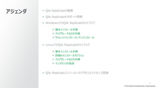 © 2019 QlikTech International AB. All rights reserved.
2
• Qlik Replicateの概要
• Qlik Replicateのサポート情報
• WindowsでのQlik Replicateセットアップ
 基本インストール手順
 アップグレードなどの手順
 サイレントインストール・アンインストール
• LinuxでのQlik Replicateセットアップ
 基本インストール手順
 詳細のインストールオプション
 アップグレードなどの手順
 インスタンスの追加
• Qlik Replicateコンソールへのアクセスとライセンス登録
アジェンダ
 