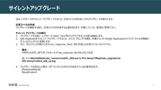 34
サイレントアップグレード
Qlik レプリケートをサイレント アップグレードするには、応答ファイルを作成してからアップグレードを実行します。
応答ファイルの作成
アップグレードを開始する前に、応答ファイルを作成する必要があります。手順については、前項をご参照下さい。
サイレント アップグレードの実行
1. アップグレードする前に、レプリケート“data" フォルダをバックアップすることを強くお勧めします。
2. Qlik Replicateをサイレント アップグレードするには、コマンド プロンプトを開き、作業ディレクトリをQlik Replicateセットアップ ファイルが格納さ
れているディレクトリに変更します。
3. 次に、次のコマンドを発行します(my_response_fileは、前に作成した応答ファイルへのパスです)。
構文:
<REPLICATE_SETUP_FILE> /s /f1my_response_file [/f2LOG_FILE]
例: C:>AttunityReplicate_<version-build>_X64.exe /s /f1C:temp1Replicate_upgrade.iss
/f2C:temp1silent_x64_up.log
4. アップグレードが成功した場合、ログ ファイルには次の行が含まれている必要があります。
[ResponseResult]
ResultCode=0
 