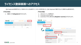 66
ライセンス登録画面へのアクセス
ンソールの使用
1. [Server] ページを開きます。
2. [License] をクリックします。
3. [License] タブの上部にある [Register License] をクリックします。
Qlik Replicateを使用するには、有効なライセンスが必要です。ライセンスを受け取ったら、Qlik Replicateで動作するように登録する必要があります。
1. 画面トップの[Register]をクリックします。
アクセス方法1 アクセス方法2
 