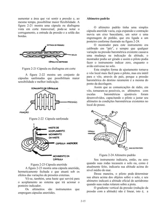 2-15
aumentar a área que vai sentir a pressão e, ao
mesmo tempo, possibilitar maior flexibilidade. A
figura 2-21 mostra uma cápsula ou diafragma
vista em corte transversal; pode-se notar o
corrugamento, a entrada da pressão e a solda das
bordas.
Figura 2-21 Cápsula ou diafragma em corte
A figura 2-22 mostra um conjunto de
cápsulas sanfonadas que possibilitam maior
sensibilidade e melhor indicação.
Figura 2-22 Cápsula sanfonada
Figura 2-23 Cápsula aneróide
A figura 2-23 mostra uma cápsula aneróide,
hermeticamente fechada e que atuará sob os
efeitos das variações de pressões externas.
Vê-se, também, uma haste que servirá para
o acoplamento ao sistema que irá acionar o
ponteiro indicador.
Os altímetros são instrumentos que
empregam cápsulas aneróides.
Altímetro padrão
O altímetro padrão tinha uma simples
cápsula aneróide vazia, cuja expansão e contração
movia um eixo basculante, um setor e uma
engrenagem de pinhão, que era ligada a um
ponteiro conforme ilustrado na figura 2-24.
O mostrador para este instrumento era
calibrado em “pés”, e sempre que qualquer
variação na pressão barométrica existente causava
uma mudança na indicação da altitude, o
mostrador podia ser girado e assim o piloto podia
fazer o instrumento indicar zero, enquanto o
avião estivesse no solo.
Esta simples forma de ajustamento tornava
o vôo local mais fácil para o piloto, mas era inútil
para o vôo, através do país, porque a pressão
barométrica do destino raramente é a mesma do
ponto da decolagem.
Assim que as comunicações de rádio, em
vôo, tornaram-se possíveis, os altímetros com
escalas barométricas ajustáveis foram
desenvolvidos, capacitando o piloto a justar seu
altímetro às condições barométricas existentes no
local do pouso.
Figura 2-24 Altímetro padrão
Seu instrumento indicaria, então, ou zero
quando suas rodas tocassem o solo ou, como é
atualmente feito, indicaria sua altitude acima do
nível médio do mar.
Dessa maneira, o piloto pode determinar
sua altura acima dos objetos sobre o solo, e seu
altímetro indicará a altitude oficial do aeródromo
quando suas rodas rolarem sobre a pista.
O gradiente vertical da pressão (redução da
pressão com a altitude) não é linear, isto é, a
 