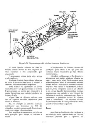 2-18
Figura 2-28 Diagrama esquemático de funcionamento do altímetro
As duas cápsulas acionam um eixo de
ponteiro comum através de dois conjuntos de
eixos oscilantes e elos compensados por
temperatura.
A engrenagem cônica deste eixo aciona
os três tambores.
Um botão de ajuste da pressão no solo ativa
um disco de ressaltos para mover o ponteiro e
fornecer a adequada referência de pressão.
Uma extensão no ajustamento de escala
barométrica move um potenciômetro no sistema
de pressurização da cabine, para relacioná-lo à
pressão barométrica, que o piloto introduziu no
altímetro de vôo.
Alguns tipos de altímetro utilizam uma
série de cápsulas aneróides empilhadas, para
acionar os ponteiros.
Se, por exemplo, as cápsulas aneróides
modificarem suas dimensões em 3/16 de
polegada, o ponteiro mais comprido do mostrador
girará trinta e cinco voltas completas.
Esta amplificação requer rubis em todos os
pivôs principais, para reduzir ao máximo a
fricção.
A fricção dentro do altímetro, mesmo sob
condições quase ideais, é tal que para uma
indicação precisa é necessário que haja vibração
no instrumento.
Isto não é problema para aviões de motores
alternativos, pois existe suficiente vibração do
motor; mas o avião a jato freqüentemente exige
vibradores para o painel de instrumentos a fim de
manter precisa a indicação do altímetro. O torque
requerido para acionar os três tambores, além do
ponteiro, torna obrigatório o uso de um vibrador
e, em vez de depender de uma unidade montada
externamente, um oscilador e um vibrador são
incluídos no estojo do instrumento para fornecer
exatamente a quantidade correta de vibração
(para o instrumento). Um solenóide rotativo
aciona um indicador de falha, para alertar o piloto
quando o vibrador ficar inoperante.
Erros
A verificação do altímetro visa confirmar se
as indicações estão corretas dentro da faixa de
tolerância prescrita para a operação do
 