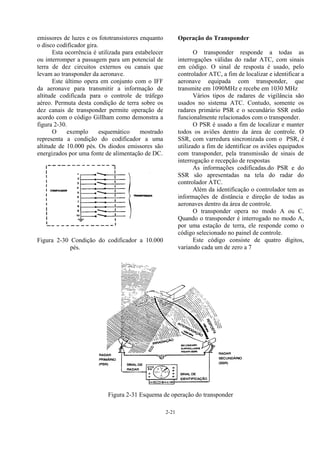 2-21
emissores de luzes e os fototransistores enquanto
o disco codificador gira.
Esta ocorrência é utilizada para estabelecer
ou interromper a passagem para um potencial de
terra de dez circuitos externos ou canais que
levam ao transponder da aeronave.
Este último opera em conjunto com o IFF
da aeronave para transmitir a informação de
altitude codificada para o controle de tráfego
aéreo. Permuta desta condição de terra sobre os
dez canais de transponder permite operação de
acordo com o código Gillham como demonstra a
figura 2-30.
O exemplo esquemático mostrado
representa a condição do codificador a uma
altitude de 10.000 pés. Os diodos emissores são
energizados por uma fonte de alimentação de DC.
Figura 2-30 Condição do codificador a 10.000
pés.
Operação do Transponder
O transponder responde a todas as
interrogações válidas do radar ATC, com sinais
em código. O sinal de resposta é usado, pelo
controlador ATC, a fim de localizar e identificar a
aeronave equipada com transponder, que
transmite em 1090MHz e recebe em 1030 MHz
Vários tipos de radares de vigilância são
usados no sistema ATC. Contudo, somente os
radares primário PSR e o secundário SSR estão
funcionalmente relacionados com o transponder.
O PSR é usado a fim de localizar e manter
todos os aviões dentro da área de controle. O
SSR, com varredura sincronizada com o PSR, é
utilizado a fim de identificar os aviões equipados
com transponder, pela transmissão de sinais de
interrogação e recepção de respostas
As informações codificadas.do PSR e do
SSR são apresentadas na tela do radar do
controlador ATC.
Além da identificação o controlador tem as
informações de distância e direção de todas as
aeronaves dentro da área de controle.
O transponder opera no modo A ou C.
Quando o transponder é interrogado no modo A,
por uma estação de terra, ele responde como o
código selecionado no painel de controle.
Este código consiste de quatro dígitos,
variando cada um de zero a 7
Figura 2-31 Esquema de operação do transponder
 