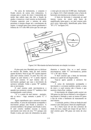 2-35
Na caixa do instrumento, o conjunto é
fixado através de outros dois rolamentos. A
energia para o motor do rotor é transmitida por
molas tipo cabelo (que não têm a função de
ajudar a conservar o anel externo na horizontal).
Contatos especiais com o mínimo de atrito
permitem à energia chegar até o enrolamento do
estator. A energia para esses rotores geralmente é
trifásica de 115 volts 400 ciclos que faz com que
o rotor gire em torno de 22.000 rpm. Analisando-
se a figura 2-61 é fácil entender como a barra do
horizonte movimenta-se em relação à avioneta.
A barra do horizonte é conectada ao anel
interno (caixa do rotor) pela barra de
amplificação (pino-guia) e ao anel externo pelo
pivô (eixo, barra-anel), identificado pelas letras
"B” e “C” na figura 2-61.
Figura 2-61 Movimento da barra horizonte em relação à avioneta
O pino-guia tem liberdade para se deslocar
no interior das fendas, tanto do anel externo
quanto da barra. Note-se que “B” é ponto imposto
pelo anel interno (rotor). O rotor fica fixo em
relação ao anel interno e “C” é ponto imposto
pelo anel externo. O anel interno não se
movimenta qualquer que seja o movimento da
aeronave (atitude). Então o ponto “B” também
não se movimenta.
O anel externo pode movimentar-se e
quando isso acontecer o ponto “C” também o fará
acompanhando o anel externo.
“A” é o ponto do anel interno – portanto,
não se move – logo, somente o ponto “C” é
móvel.
Agora suponhamos que a aeronave execute
uma subida. A caixa do instrumento acompanha o
movimento porque está fixada à aeronave. A
avioneta também o faz porque está fixada à caixa.
O anel externo também executa o mesmo
movimento (em torno do eixo “Y”) porque está
fixado à caixa, por meio de rolamentos na parte
dianteira e traseira. Ora, se o anel externo
movimenta-se, então “C” movimenta-se, porém
“A” e “B” não o fazem.
É fácil concluir que a barra de horizonte
desloca-se a partir de um ângulo (alfa).
Veja-se agora quando a aeronave faz
rolagem.
A caixa do instrumento acompanha o
movimento e a avioneta também, porém, a caixa
do rotor e o anel externo não o fazem, o que
acarreta a barra ficar estática.
O movimento de rolagem pode ocorrer em
360 graus (se não houver batente) e em arfagem o
movimento é limitado a mais ou menos 85 graus
a fim de evitar o fenômeno de trancamento no
anel interno.
A restrição, porém, é feita na fenda do anel
externo e por onde passa a barra de amplificação.
Se a barra tocar em um dos extremos da
fenda em arco, surgirá um torque tal que fará o
anel externo girar 180 graus em torno do eixo
“X”.
 