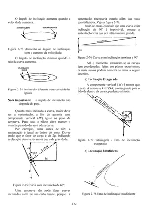 2-42
O ângulo de inclinação aumenta quando a
velocidade aumenta.
Figura 2-73 Aumento do ângulo de inclinação
com o aumento da velocidade.
O ângulo de inclinação diminui quando o
raio da curva aumenta.
Figura 2-74 Inclinação diferente com velocidades
iguais
Nota importante: o ângulo de inclinação não
depende do peso.
Quanto mais inclinada a curva, maior deve
ser a sustentação, a fim de garantir uma
componente vertical (-W) igual ao peso da
aeronave. Para isso, o piloto deve manter o
manche puxado durante toda a curva.
Por exemplo, numa curva de 60º, a
sustentação é igual ao dobro do peso. Diz-se
então que o fator de carga é de 2g, indicando
aceleração duas vezes maior que a da gravidade.
Figura 2-75 Curva com inclinação de 60º.
Uma aeronave não pode fazer curvas
inclinadas além de um certo limite, porque a
sustentação necessária estaria além das suas
possibilidades. Veja a figura 2-76.
Pode-se então concluir que uma curva com
inclinação de 90º é impossível, porque a
sustentação teria que ser infinitamente grande.
Figura 2-76 Curva com inclinação próxima a 90º
Até o momento, estudaram-se as curvas
bem coordenadas, feitas por pilotos experientes;
os mais novos podem cometer os erros a seguir
descritos.
a) Inclinação Exagerada
A componente vertical (-W) é menor que
o peso. A aeronave GLISSA, escorregando para o
lado de dentro da curva, perdendo altitude.
Figura 2-77 Glissagem - Erro de inclinação
exagerada
b) Inclinação Insuficiente
Figura 2-78 Erro de inclinação insuficiente
 