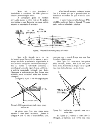 2-43
Neste caso, a força centrípeta é
insuficiente, e a aeronave DERRAPA para fora
da curva pretendida pelo piloto.
A derrapagem pode ser também
provocada quando o piloto pisa um dos pedais,
sem inclinar as asas. Para voar em curva, o piloto
aumenta a sustentação da aeronave.
Com isso, ele aumenta também o arrasto.
Este é o motivo por que a potência deve ser
aumentada na medida em que o raio da curva
diminui.
O menor raio possível é chamado RAIO
LIMITE, conforme ilustra a figura 2-79, para o
qual a potência aplicada é a máxima.
Figura 2-79 Potência máxima para o raio limite
Num avião fazendo curva em vôo
horizontal, quatro fatos poderão ocorrer: o peso é
sempre vertical e a sustentação perpendicular às
asas; a tração será igual à resistência ao avanço, a
fim de manter a velocidade constante; a
centrífuga é horizontal e para fora; a centrípeta é
a própria sustentação inclinada para dentro
(decompor a sustentação em duas forças, uma
vertical e outro horizontal, sendo esta última a
centrípeta).
Na figura 2-80, vê-se um erro de pilotagem.
Figura 2-80 Curva muito apertada e com pouca
inclinação
O piloto tenta fazer uma curva muito
apertada e com pouca inclinação. Quando se
compõe W com Fc, acha-se a resultante R. Esta,
composta com L, nos dá F, que atua para fora,
fazendo o avião derrapar.
Já na figura 2-81, vê-se outro erro agora o
piloto inclinou, demais, para fazer uma curva
muito aberta. Compostas as forças, ver-se-á que F
puxa para dentro, fazendo o avião glissar.
Figura 2-81 Inclinação exagerada para curva
muito aberta
Na figura 2-82 verifica-se outro erro de
pilotagem. A inclinação está correta para o raio
 