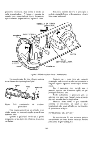 2-46
giroscópio inclina-se, atua contra a tensão da
mola centralizadora. A tensão é ajustada de
maneira que a quantidade de desvio do ponteiro
seja exatamente proporcional ao regime da curva.
Esta mola também devolve o giroscópio à
posição neutra tão logo o avião retorne ao vôo em
linha reta e horizontal.
Figura 2-88 Indicador de curva – parte interna
Um amortecedor do tipo cilindro controla
as oscilações do conjunto giroscópico.
Figura 2-89 Amortecedor do conjunto
giroscópico
Este sistema consiste de um cilindro e um
pistão, unidos por uma articulação ao cardã que
suporta o rotor.
Quando o giroscópio inclina-se, o pistão
comprime o ar de dentro do cilindro e absorve as
oscilações.
Também serve como freio do conjunto
giroscópio, onde controla a velocidade com que o
conjunto regressa a posição neutra depois de uma
curva.
Isto é necessário pois impede que o
ponteiro regresse com demasiada rapidez ou que
passe pela marca do zero.
Neste instrumento o giroscópio gira ao
redor do eixo transversal (lateral), numa armação
pivotada ao redor do eixo longitudinal.
Montado deste modo, o giro responde
somente ao movimento ao redor do eixo
longitudinal, não sendo afetado por movimentos
de guindada ou arfagem.
Movimentos de uma aeronave
Os movimentos de uma aeronave podem
ser realizados em torno de três eixos que passam
pelo centro de gravidade (CG):
 