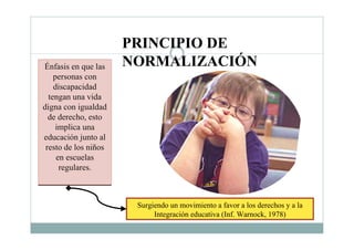 PRINCIPIO DE
NORMALIZACIÓNÉnfasis en que las
personas con
discapacidad
tengan una vida
digna con igualdad
de derecho, esto
implica una
educación junto al
resto de los niños
en escuelas
regulares.
Énfasis en que las
personas con
discapacidad
tengan una vida
digna con igualdad
de derecho, esto
implica una
educación junto al
resto de los niños
en escuelas
regulares.
Surgiendo un movimiento a favor a los derechos y a la
Integración educativa (Inf. Warnock, 1978)
 