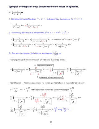 10
Ejemplos de integrales cuyo denominador tiene raíces imaginarias.
 