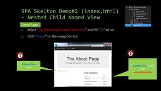 SPA Skelton Demo#2 (index.html) 
- Nested Child Named View 
Demo Page 
1. Select “04_BootstrapUIroute/index.html” and Hit “F5” to run 
2. Click “About” on the navigation bar 
“ColumnOne” 
View 
“ColumnTwo” View 
with 
“scotchController 
 