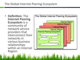 The	
  Global	
  Internet	
  Peering	
  Ecosystem	
  


•  Deﬁni.on:	
  The	
  
   Internet	
  Peering	
  
   Ecosystem	
 ...