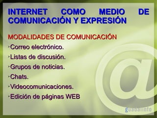 INTERNET
COMO
MEDIO
COMUNICACIÓN Y EXPRESIÓN
MODALIDADES DE COMUNICACIÓN
➢

Correo electrónico.

➢

Listas de discusión.

➢

Grupos de noticias.

➢

Chats.

➢

Videocomunicaciones.

➢

Edición de páginas WEB

DE

 