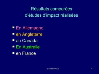 RRééssuullttaattss ccoommppaarrééeess 
dd’’ééttuuddeess dd’’iimmppaacctt rrééaalliissééeess 
 EEnn AAlllleemmaaggnnee 
 eenn AAnngglleetteerrrree 
 aauu CCaannaaddaa 
 EEnn AAuussttrraalliiee 
 eenn FFrraannccee 
DDjjeenniiddii BBEENNDDAAOOUUDD 2211 
 