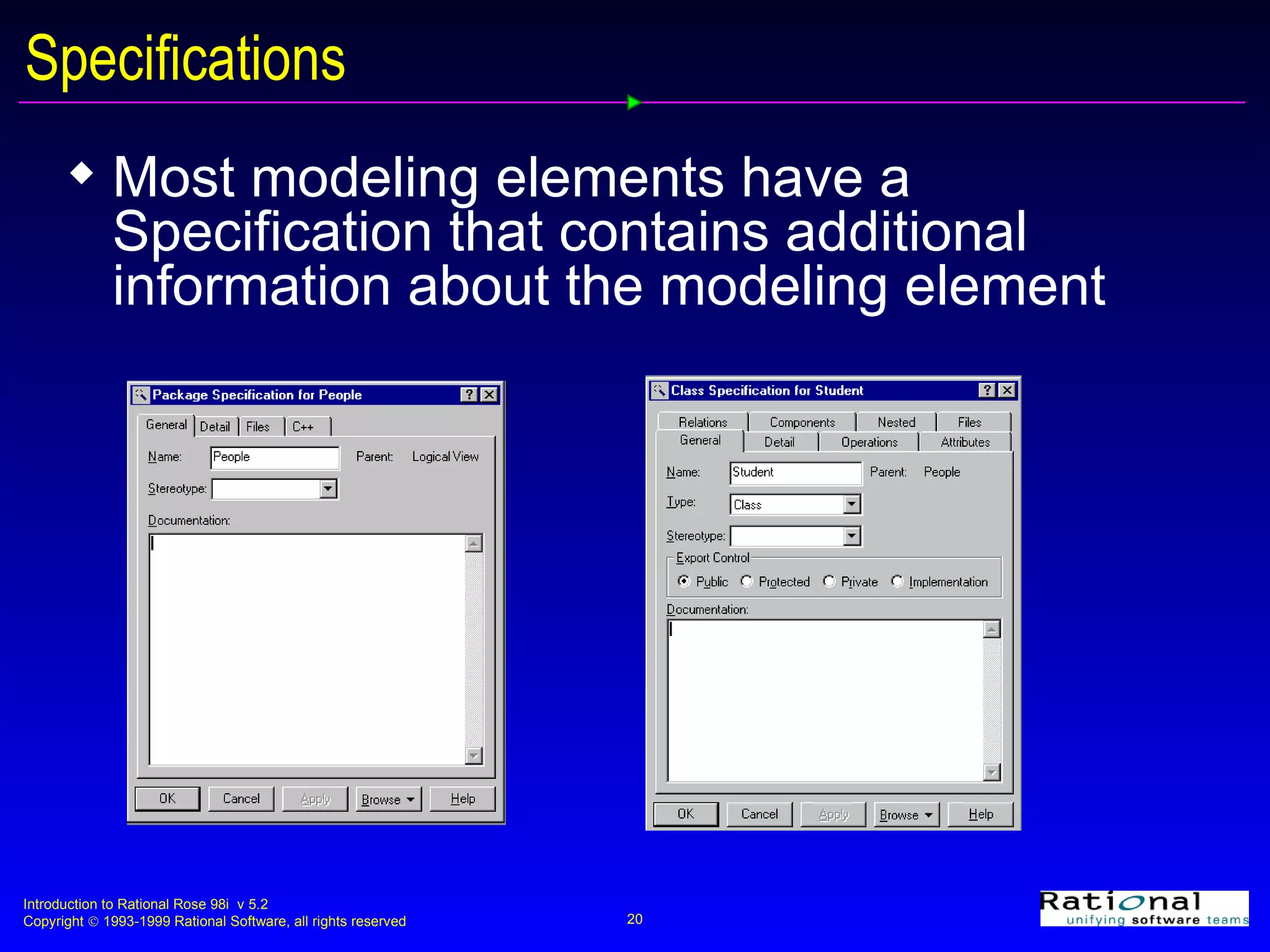 Specifications Most modeling elements have a Specification that contains additional information about the modeling element 