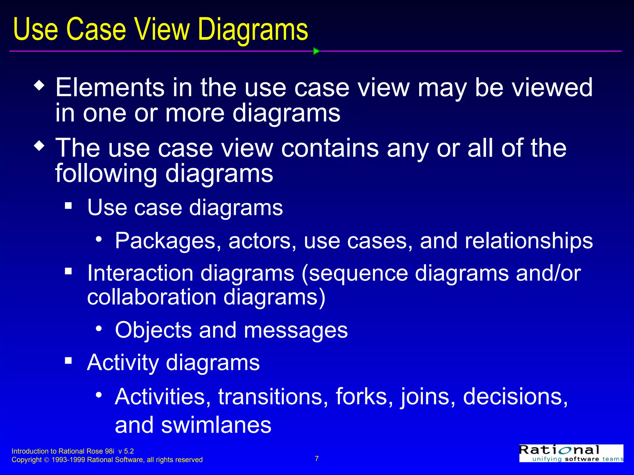 Use Case View Diagrams Elements in the use case view may be viewed in one or more diagrams The use case view contains any or all of the following diagrams Use case diagrams Packages, actors, use cases, and relationships Interaction diagrams (sequence diagrams and/or collaboration diagrams) Objects and messages Activity diagrams Activities, transitions , forks, joins, decisions, and swimlanes 