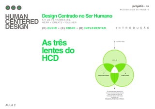 As três
lentes do
HCD
AULA 2
M E TO D O LO G I A D E P RO J E TO
projeto
HUMAN
CENTERED
DESIGN
Design Centrado no Ser Humano
KIT DE FERRAMENTAS.
HEAR + CREATE + DELIVER
(H) OUVIR + (C) CRIAR + (D) IMPLEMENTAR. I N T R O D U Ç Ã O
 