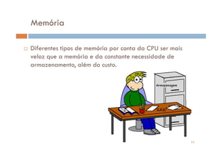 Memória

Diferentes tipos de memória por conta da CPU ser mais
veloz que a memória e da constante necessidade de
armazenamento, além do custo.




                                                        11
 