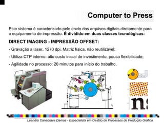 ComputerComputer toto PressPress
Leandro Canabrava Damas - Especialista em Gestão de Processos de Produção Gráfica
Este sistema é caracterizado pelo envio dos arquivos digitais diretamente para
o equipamento de impressão. É dividido em duas classes tecnológicas:
DIRECT IMAGING - IMPRESSÃO OFFSET:
- Gravação a laser, 1270 dpi. Matriz física, não reutilizável;
- Utiliza CTP interno: alto custo inicial de investimento, pouca flexibilidade;
- Agilidade no processo: 20 minutos para início do trabalho.
 