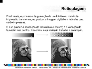 ReticulagemReticulagem
Finalmente, o processo de gravação de um fotolito ou matriz de
impressão transforma, na prática, a imagem digital em retículas que
serão impressas.
O que produz a sensação de tons (claro e escuro) é a variação do
tamanho dos pontos. Em cores, esta variação trabalha a saturação.
Leandro Canabrava Damas - Especialista em Gestão de Processos de Produção Gráfica
 