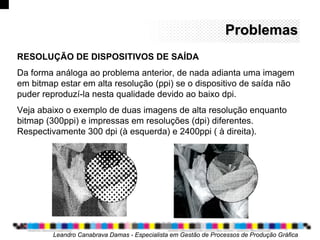 ProblemasProblemas
Leandro Canabrava Damas - Especialista em Gestão de Processos de Produção Gráfica
RESOLUÇÃO DE DISPOSITIVOS DE SAÍDA
Da forma análoga ao problema anterior, de nada adianta uma imagem
em bitmap estar em alta resolução (ppi) se o dispositivo de saída não
puder reproduzí-la nesta qualidade devido ao baixo dpi.
Veja abaixo o exemplo de duas imagens de alta resolução enquanto
bitmap (300ppi) e impressas em resoluções (dpi) diferentes.
Respectivamente 300 dpi (à esquerda) e 2400ppi ( à direita).
 