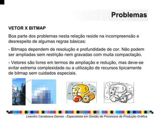 ProblemasProblemas
Leandro Canabrava Damas - Especialista em Gestão de Processos de Produção Gráfica
VETOR X BITMAP
Boa parte dos problemas nesta relação reside na incompreensão e
desrespeito de algumas regras básicas:
- Bitmaps dependem de resolução e profundidade de cor. Não podem
ser ampliadas sem restrição nem gravadas com muita compactação.
- Vetores são livres em termos de ampliação e redução, mas deve-se
evitar extrema complexidade ou a utilização de recursos tipicamente
de bitmap sem cuidados especiais.
 