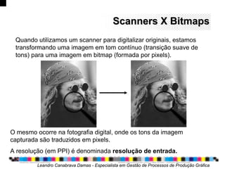 Scanners X BitmapsScanners X Bitmaps
Quando utilizamos um scanner para digitalizar originais, estamos
transformando uma imagem em tom contínuo (transição suave de
tons) para uma imagem em bitmap (formada por pixels).
Leandro Canabrava Damas - Especialista em Gestão de Processos de Produção Gráfica
O mesmo ocorre na fotografia digital, onde os tons da imagem
capturada são traduzidos em pixels.
A resolução (em PPI) é denominada resolução de entrada.
 